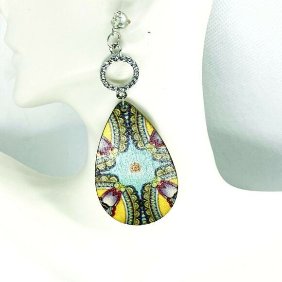 Silver-Tone Rhinestone Painted Wood Dangle Earring - Picture 1 of 9